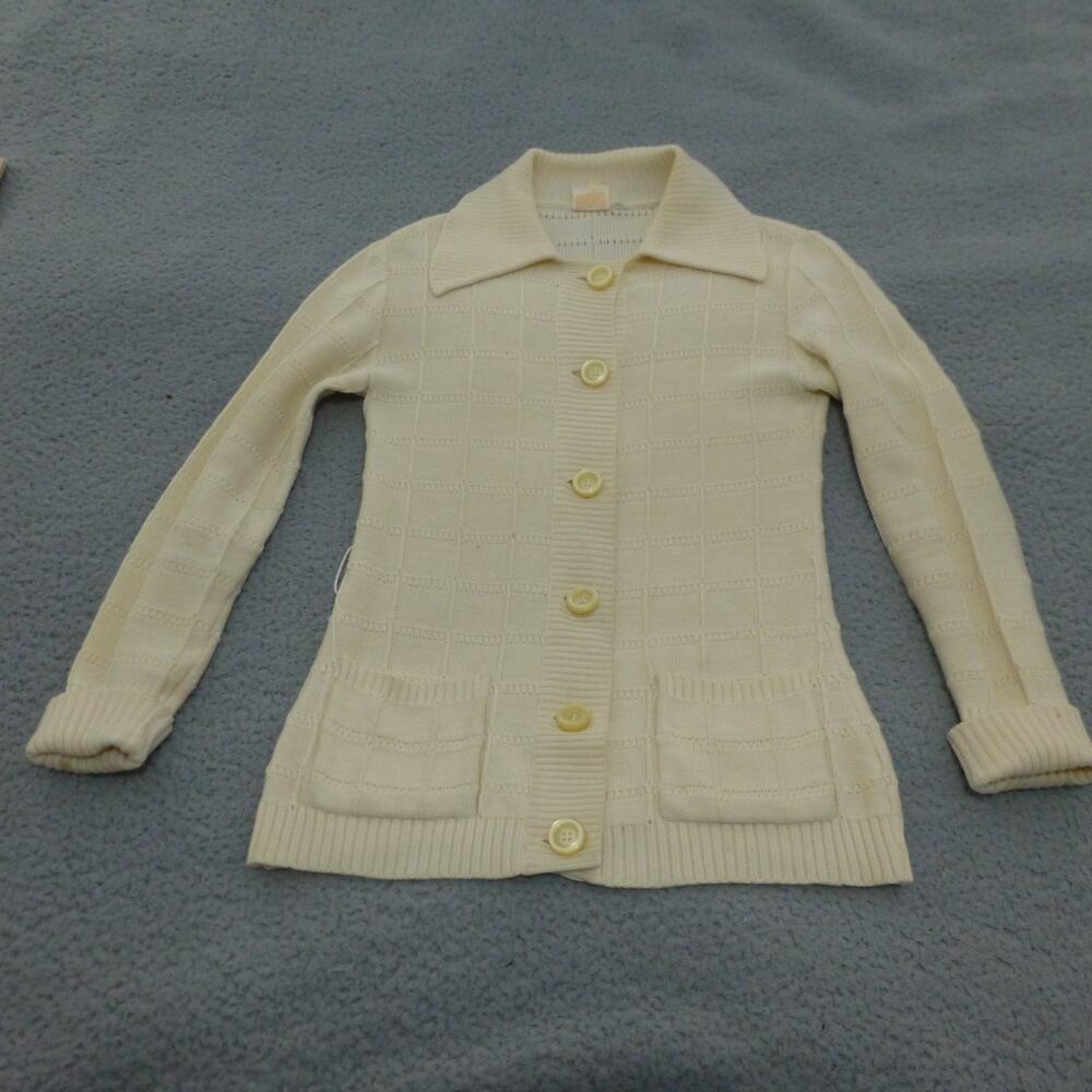 Vintage Womens Sweater Small 70s Retro Cream Button Up Cardigan Pockets Collared